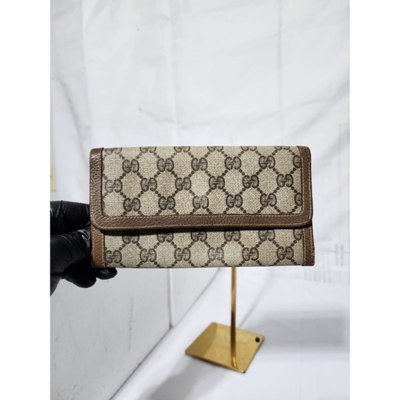 Authentic GUCCI Vintage GG Supreme Leather Tri-fold Compact Wallet Beige/Brown - Picture 1 of 12